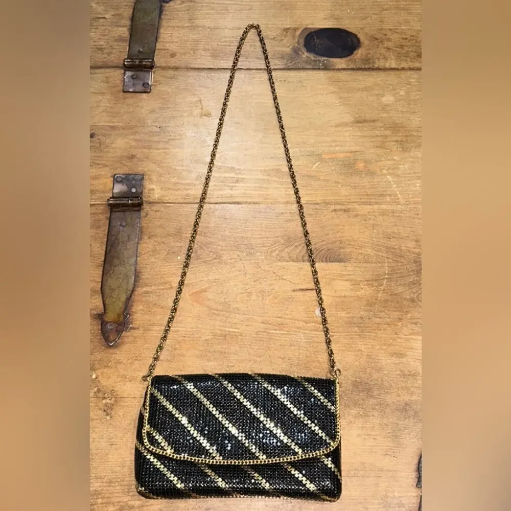 Vintage Black & Gold Glitter Stripe Evening Crossbody – Sparkly Party Purse